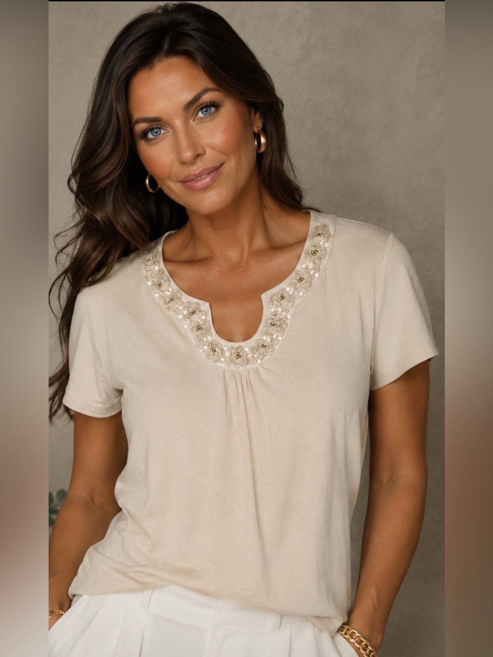 Ruby Rd. Embellished Split Neck Short Sleeve Knit Top 1X Beige Cotton Stretch - Picture 3 of 8
